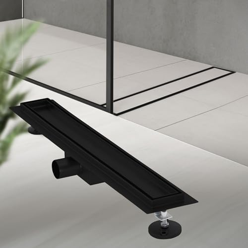 LuxeBath Duschrinne 60 cm 2in1, befliesbar, extra flach, Edelstahl, Schwarz, Doppelseitige Bodenablauf, Komplettset Bodenbefestigung, Duschablauf, Siphon mit Geruchsstop, Haarsieb, Ablaufrinne Dusche