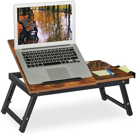 Relaxdays Tavolino Porta Pc per Letto e Divano, Tavolo per Notebook, in bambù, Regolabile in Altezza, Marrone Scuro Nero, 23 x 61 x 35 cm