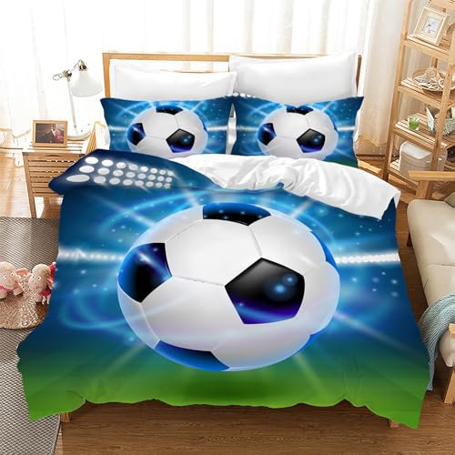 Leleyouzer Fussball Bettwäsche 200×200 cm Jungen,3D Fußball Druck Bettbezug,Mikrofaser Kinder Bettwäsche mit Reißverschluss und 2 Kissenbezügen 50 x 75cm (F03)