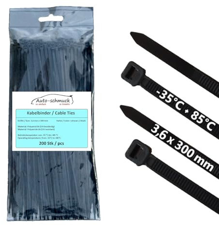 Auto-schmuck 200 Stück Kabelbinder UV Beständig Temperaturbeständig, chemische resistenz (schwarz, 300 x 3,6 mm)