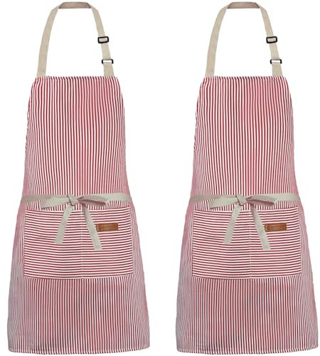 XIEJINJIA 2 Pezzi Grembiule da Cucina Chef Regolabile con 2 Tasche Cuoco Cucina Ristorante Cottura Giardinaggio BBQ Bar per Uomo Donna Strisce Gessato Rosa