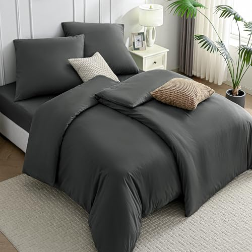 JELLYMONI Bettwäsche 135x200 Baumwolle 4-Teilig Bettwäsche-Sets Dunkelgrau Oeko-Tex 100% Gewaschene Baumwolle 2 Bettbezüge mit Reißverschluss und 2 Kissenbezüge 80X80 mit Umschlag 4tlg. Bettwäsche