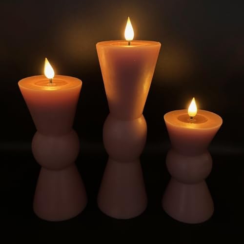 3er Set große LED Kerzen aus Echtwachs mit 6-Stunden Timerfunktion inkl spiegelnder Flamme und Docht - 18 bis 27 cm groß (Altrosa)