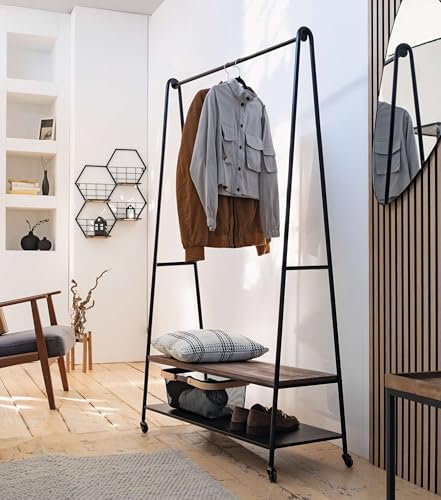 FRANK FLECHTWAREN Garderobe Mobil, Metall, mattschwarz, Holz, Kunststoff Maße: 99 x 39 x 173 cm, einfache Selbstmontage, modern, industrial style, vielseitig anwendbar