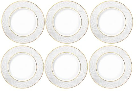 Wilmax - Assiettes avec motif doré - 6 pièces - Ø 15 cm - Assiettes à dessert en porcelaine blanche - Assiettes plates - Lavables au lave-vaisselle - Assiettes à petit-déjeuner - Assiettes à dessert
