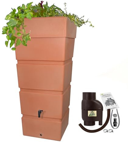 Regentonne Regenfass Ecktonne Regenspeicher Regenwasserbehälter mit Fallrohrfilter, Regenfilter T33 braun FROSTSICHER - Moderne Eck-Regenwassertonne mit stabilem Deckel als Pflanzschale