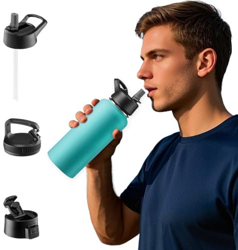 GARUET 950 ML Triple Walled, Insulated Water Bottles with Straw - Stainless Steel Metal Bottle W/ 3 Leak Proof Lids - For Travel, School, Sports, Gym/Men, Women & Kids (Cheery Turquoise)