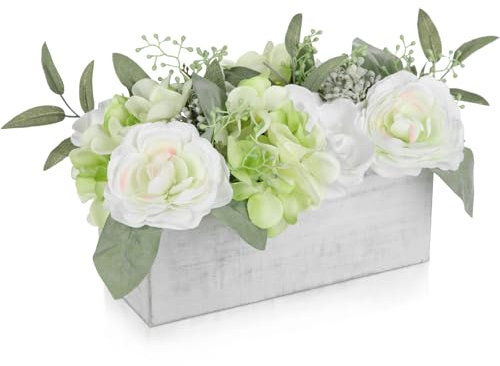 Oairse Hortensien Kunstblumen in Holzvase, Kunstblumen im Topf, Künstliche Topfblumen, Pfingstrosen, Hortensien, Tafelaufsätze für Tischdekoration, Wohnzimmer, Innenbereich, Zuhause, Badezimmer