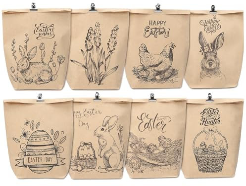 HAUSPROFI - 12 Stück Ostertüten mit Metallklammern, Beidseitig Bedruckte Geschenktüten zu Ostern, Umweltfreundlich und Wiederverwendbar, DIY Bastelmaterial für Kinder und Erwachsene