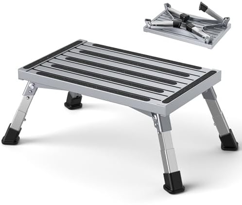 Aluminium Tritthocker Klappbar mit 350 kg Traglast & 4-stufige Höhenverstellung (18-24 cm), Kippsicher Leicht, Klappbar Rutschfester, trittstufe für Camping, Küche und Wohnmobil Tritthocker
