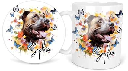 Blue Butterfly Staffordshire Bull Terrier Staffy Name Personalised Personalized Ceramic Coffee Mug 11oz Durham Tea Mug Gift Set Round Square Coaster Cup Handle Dishwasher Safe Custom Printed Design