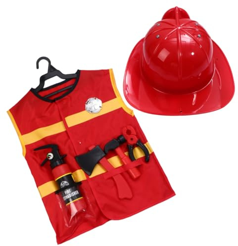 WEKAMOS 7 Stück Feuerwehrmann Kostüm Set mit Weste Hut Hammer Axt Feuerlöscher Zange und Brustabzeichen Sicherer Waschbarer Feuerwehr Roleplay Anzug für Fasching Geburtstag Karneval und