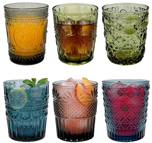ZXBBTZ 6 Stück Bunte Gläser Vintage Trinkgläser Bunt Wassergläser Saftgläser 320ml Trinkgläser Set Modernes Geometrie Designs Blau Grün Grau Mehrfarbig Stapelbar für Gifts Cocktails Saft Büro
