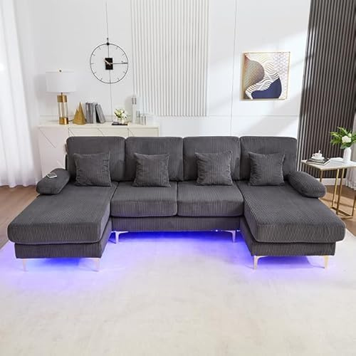 FammyLoft U-Sofa mit LED, Ecksofa mit Schlaffunktion, 265cm, Grau | 4 Luxuriöse Kissen, Ergonomische, Massivholzrahmen