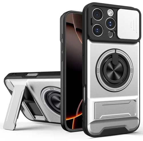 PONRFEKT Coque pour Tecno Camon 30 30 5G,étui Antichoc avec Anneau magnétique,Cache Appareil Photo Coulissant et Support Pliable Heavy Duty Antichoc Bumper Housse Etui-Argent