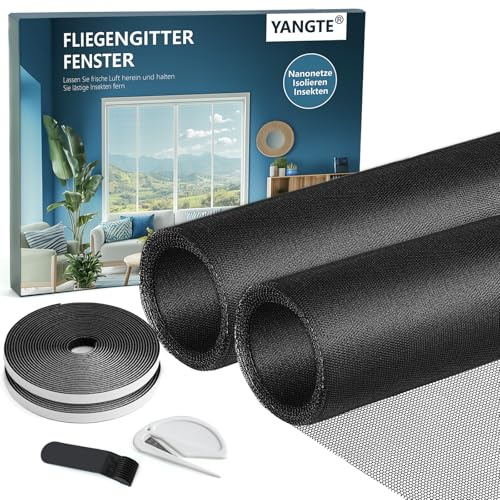 YANGTE 2 Stück Fliegengitter für Fenster - 130 x 150cm Schwarz Insektenschutz Fenster mit Gesteigerte höherer Klebkraft Klettband, Fliegengitter Fenster Ohne Bohren