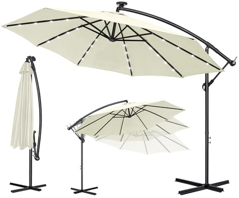 Ferzone Parasol Déporté Ø 3.5m avec LED Solaire & Manivelle, Parasol de Jardin Exterieur Anti-UV & résistant au vent, Sun umbrella Grand Rotatif à 360 ° pour Balcon Terrasse Piscine (Beige)