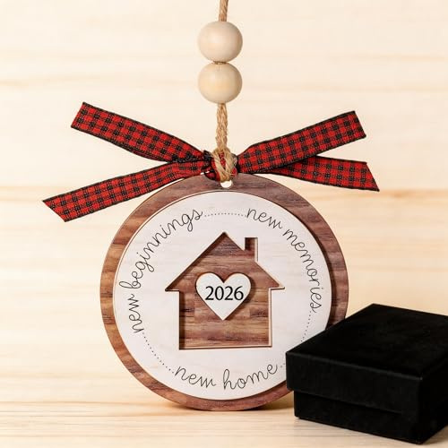 2026 Wooden New Home Christmas Bauble - Heart & House Ornament for First Christmas, Housewarming Gift with Blue Gift Box, Unbreakable Tree Decoration (9x9cm)
