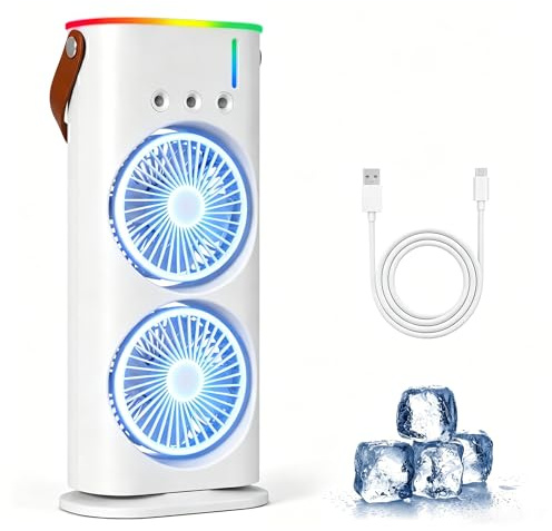 Bwaliffury Aire Acondicionado Portatil, Mini Enfriador de Aire Portátil, USB Mini Ventilador, Enfriador Evaporativo 280ml, 3 Velocidades, 3 Modos de Niebla, 7 Colores Luz, para Hogar, Oficina