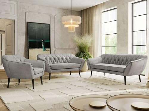 MKS MEBLE Sofagarnitur PIRS 3 + 2 + 1 - Couchgarnitur im skandinavischen Design, Gesteppte Polsterung, Wellenfederung, Wohnzimmer Sofa Set - Schwarze Beine, Hellgrau Velvet