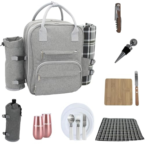 Plush Picnic - 2 Personen Picknick-Rucksack/Picknickkorb mit Kühlfach, abnehmbarem Flaschen-/Weinhalter, Fleecedecke, Teller und Besteckset