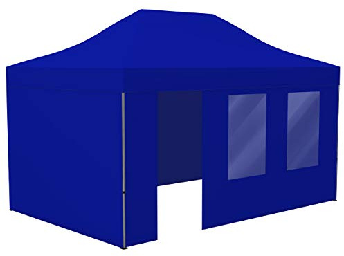 Vispronet Profi Faltpavillon Basic 3x4,5 m in Blau, Stahl-Scherengitter, 4 Seitenteile - Davon 1 Wand mit Tür & Fenster (weitere Farben & Größen)