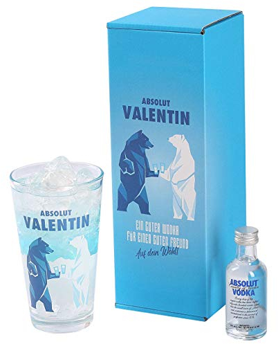 Herz & Heim® Absolut Vodka Geschenk-Set mit Miniaturflasche Wodka und bedrucktem Longdrinkglas