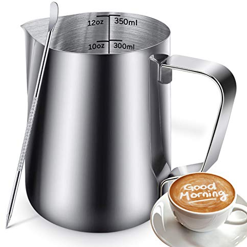 Milk Frothing Jug, Milk Frothing Pitcher Pouring Jug Espresso Cup with Measurement Inside 350ml/12OZ Stainless Steel Creamer Cup with Latte Art Pen for Making Coffee Cappuccino Hot Chocolate Machine