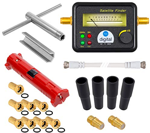 HB-DIGITAL XXL SAT Installationsset: Sat-Finder mit analoger Anzeige + Abisolierer + Montageschlüssel + Aufdrehhilfe + 8x F-Stecker vergoldet + 2x Verbinder + 4x Gummitülle Wetterschutz Werkzeugset