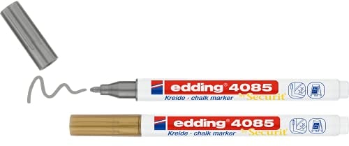 edding 4085 Kreidemarker - gold,silber - 2 Kreidestifte - Rundspitze 1-2 mm - dünner Kreidestift für Tafel abwischbar - zum Beschriften von Fenster, Glas, Spiegel - Tafelstift mit deckenden Farben