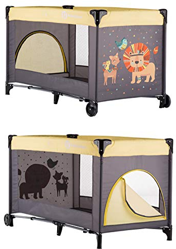 PM Petite&Mars Kinderreisebett KOOT * 120x60 * Babybetten, Kinderbett, Reisebett * Räder, tragbar, faltbar, Tasche * Modernes Design (Lion Yellow)