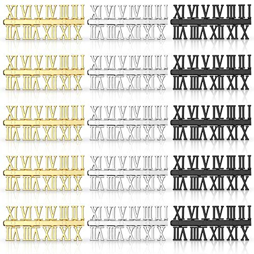 15 Stücke Uhren Ziffern Kit in Schwarz Silber Gold DIY Digital Uhr Nummern Uhrzeiger Ersatzteile Uhr Zubehör für Haus Kunst Dekor (Römische Ziffern)