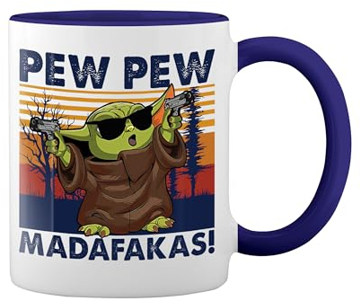 GR8Shop Pew Pew Madafakas Yoda With Gun Vintage Blanca taza de café con el borde azul y la manija Mug