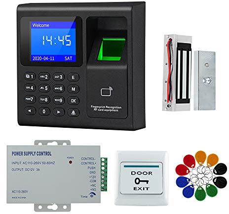 FTSTech Card Password Fingerprint RFID Door Access Control System Kit, Home Security Proximity Door Entry Keypad,10 Key Fobs,EXIT Button, (60kg Magnetic Lock)