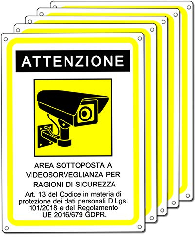 Cartello area videosorvegliata - Cartelli videosorveglianza per negozio e proprietà privata con avviso GDPR - plastica 20x15 cm (5 Pezzi)
