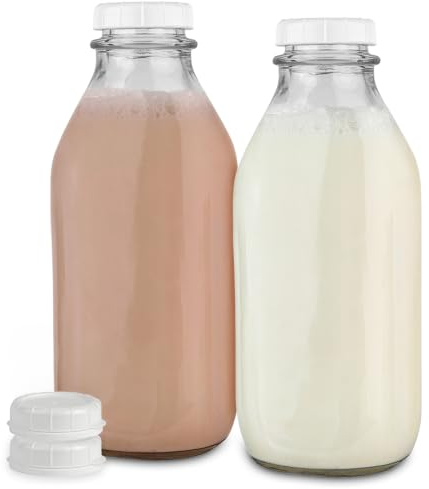 Stock Your Home Liter Glass Milk Bottles (2 Pack) - 32-Oz Milk Jars with Lids - Food Grade Glass Bottles - Dishwasher Safe - Bottles for Milk, Buttermilk, Honey, Maple Syrup, Jam, BBQ Sauce