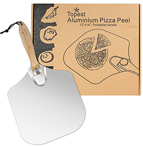 Topest Metal Pizza Peel 12x14 Inch – Aluminium Pizza Paddle with Foldable Wooden Handle for Easy Storage Pizza Oven Accessories [Suitable for Baking Homemade Pizza & Bread] Silver