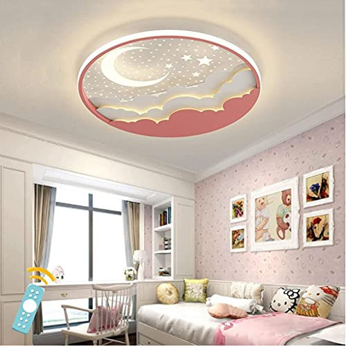WJLL LED Kinder Deckenlampe Stern Mond Deckenleuchte Für Kinder Acryl Lampenschirm Stufenloses Dimmen 3000K-6500K Ultradünn Schlafzimmer Decke Lampe Kindergarten Beleuchtung Kronleuchter,Rosa,40cm
