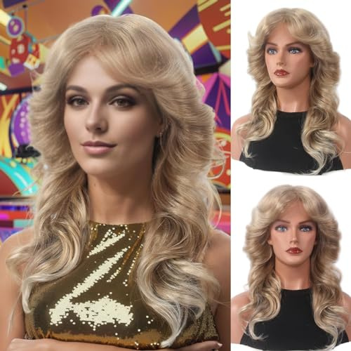 STfantasy 70er Jahre Langhaar Gewellte Gestufte Perücke Hippie Perücke Damen Disco Perücke für Fasching Karneval Motto Party(Blond)
