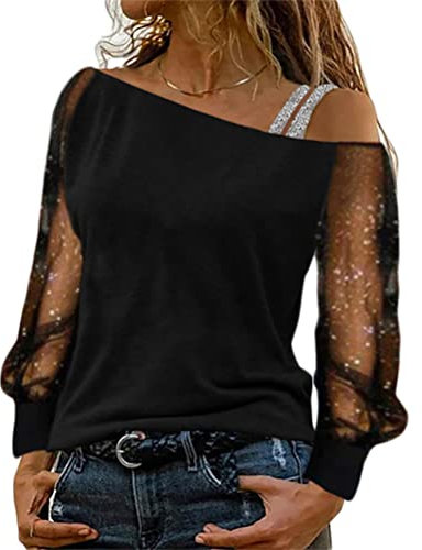 Onsoyours Chemisier Femmes Blouse en Tulle À Manches Longues Transparentes T-Shirt Mode Chic Épaules Dénudées Haut Tops Pullover Couleur Unie Shirt Tunique A Noir M