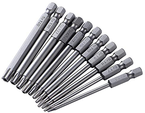 11 Stück Torx lang Schraubendreher Bit Set, 1/4 Magnetisch Sternenkopf Schraubenziehe Set T6-T40 Sechskant Schaft Elektrische Torx Bits Satz Werkzeuge, 75mm Lang