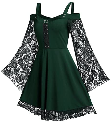 FEOYA Women's Lace Gothic Long Sleeve Steampunk Plus Size Retro Victorian Medieval Dress - Casual Strappy Cold Shoulder Midi - Elegant Vintage Cosplay Halloween Dress - Green