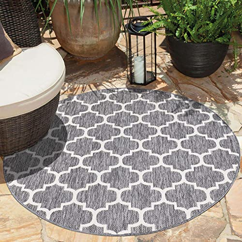 carpet city Outdoor-Teppich Wetterfest Balkon Terrassen - Grau in 160x160 cm Rund - Deko Teppiche Außen Wasserfest - Balkondekoration Marokkanisch Wohnzimmerteppiche