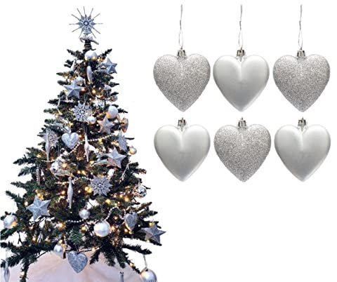 6pc Large Glitter & Matte Heart Baubles - Great Christmas Tree Decorations, Heart Baubles (Silver)