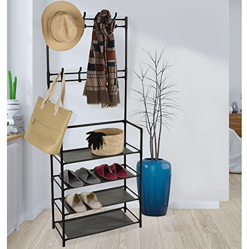 URBNLIVING Freestanding Hallway Coat Rack Versatile Stand Coat Tree with 4-Tier Shoe Storage Bench Shelf Organiser for Entryway (Black)
