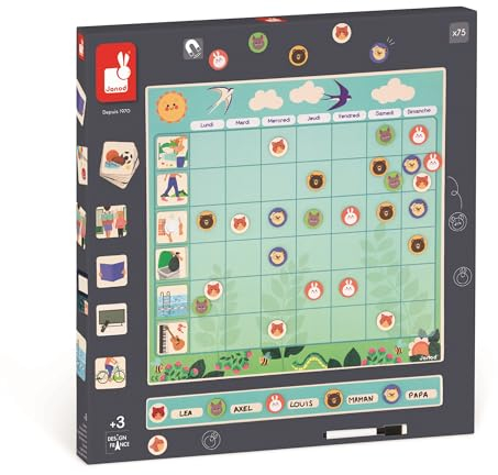 Janod - Familienplaner - Magnet-Tafel + 97 Magnete - Wochentage und Organisieren Lernen - Pappspielzeug - Ab 3 Jahre, J05469