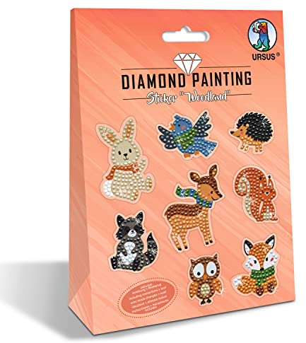 Ursus 43500011 - Diamond Painting Sticker Woodland zum Gestalten von Stickern mit funkelnden Diamanten, 2 Stickerbogen ca. 15 x 10 cm, mit Zubehör