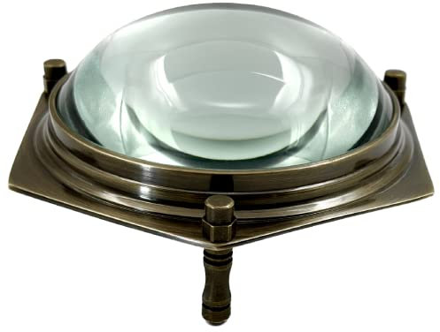 Hapton House Antiqued Brass Magnifying Glass - Dome Desk Magnifier - Solid Brass - 5X Magnification - Home Décor - Fine Print Reading - Stamp & Coin Collection - Nautical Style