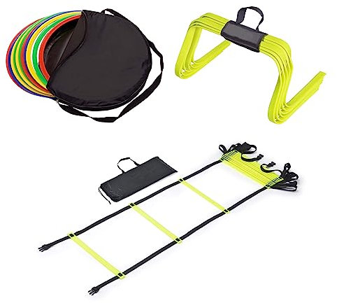 RHINOS sports Agility Trainings-Set | Koordinationsleiter 4m inkl. Tasche + 12er Koordinationsringe inkl. Tasche + Elastisches Hürden 6er-Set 23 cm mit Halter