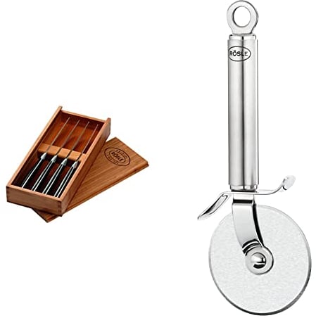 RÖSLE Steakmesser-Set 4-tlg., Hochwertige Steakmesser Schwarz, 4 x 25.2 x 11 cm, 4 Stück & Pizzaschneider, Hochwertiges Pizzamesser mit stabilem Rad, beidseitig geschliffene Klinge, Edelstahl 18/10